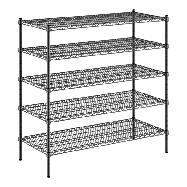 A black Regency wire shelving unit with five shelves.