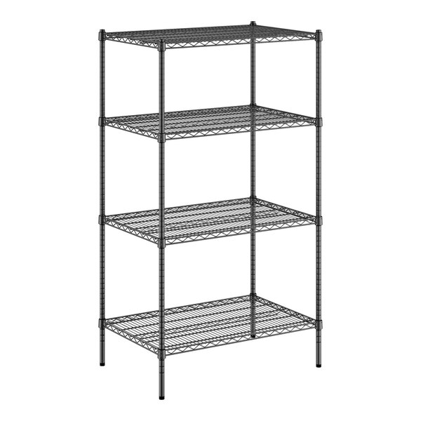 A Regency black wire shelving unit with four shelves.