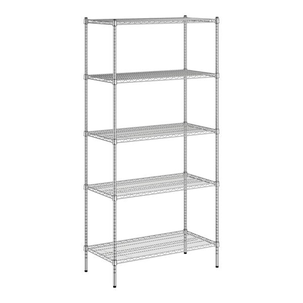 A wireframe of a Regency metal wire shelving unit with four shelves.