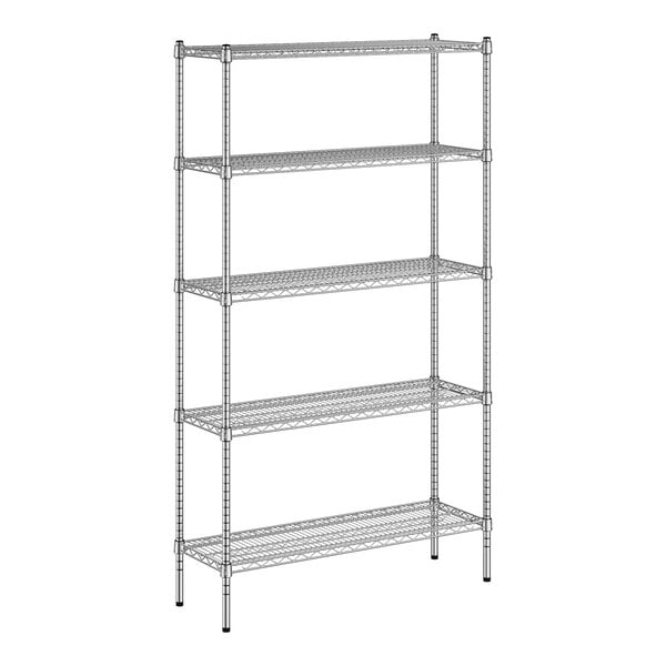 A white wireframe of a Regency chrome wire shelving unit with four shelves.