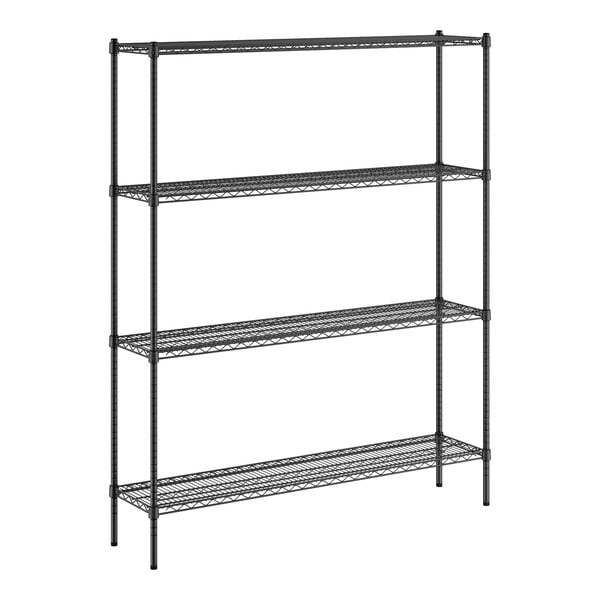 A Regency black metal wire shelving unit with four shelves.