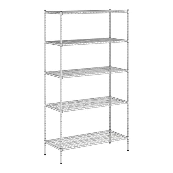 A wireframe of a Regency metal wire shelving unit with four shelves.