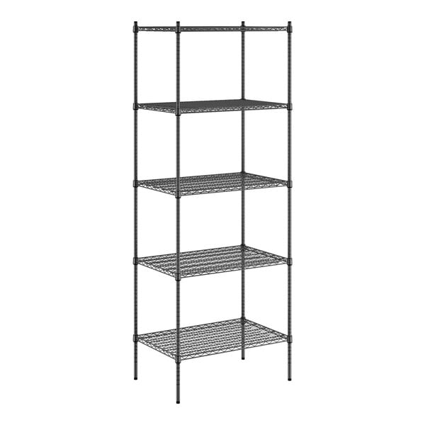 A Regency black wire shelving unit with five shelves.