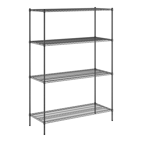 A black wire shelving unit with four shelves.