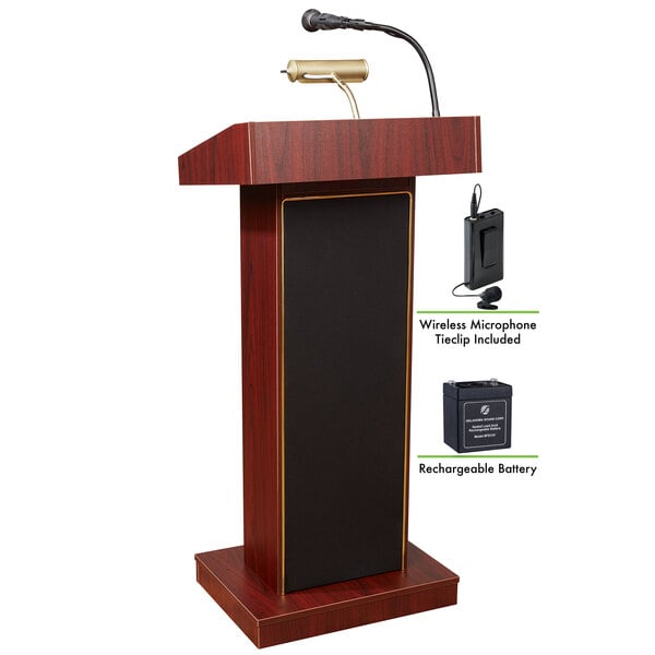 A mahogany podium with a microphone and battery.