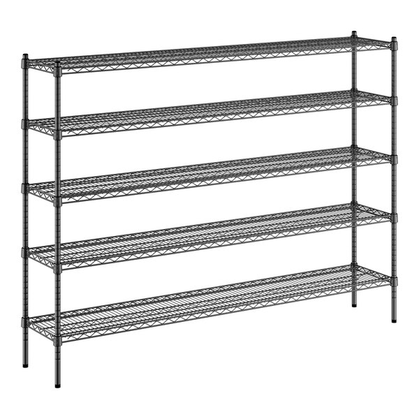 A black metal Regency wire shelving unit with four shelves.