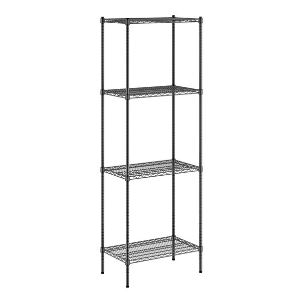 A black wire shelving unit with four shelves.