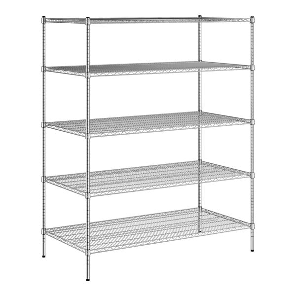 A white wireframe of a Regency metal shelving unit with four shelves.