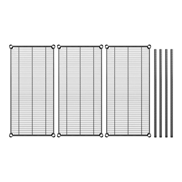 A row of black metal racks with wire shelves and metal rods.