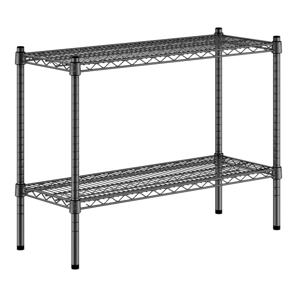 A black metal Regency wire shelf kit with two shelves.