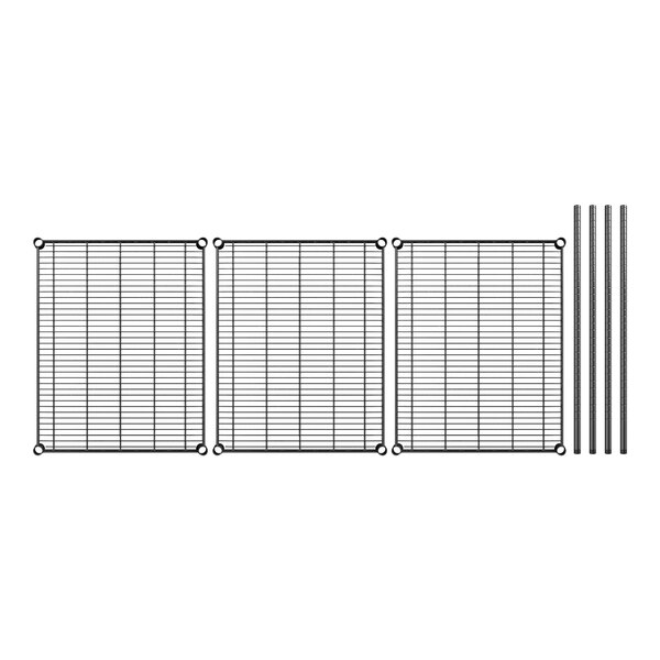 A black wire shelving kit with three shelves and posts.