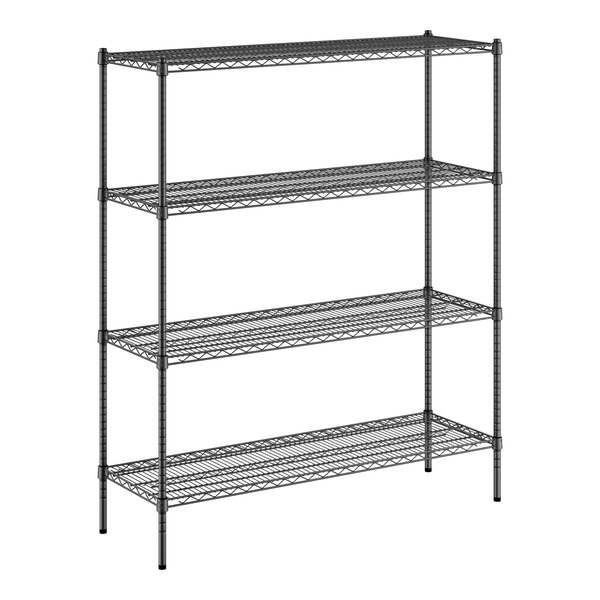 A black wire shelving unit with four shelves.