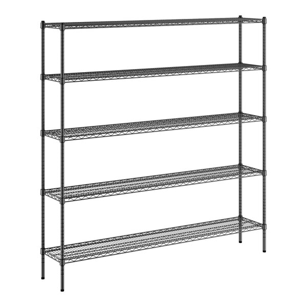 A black metal Regency wire shelving unit with five shelves.