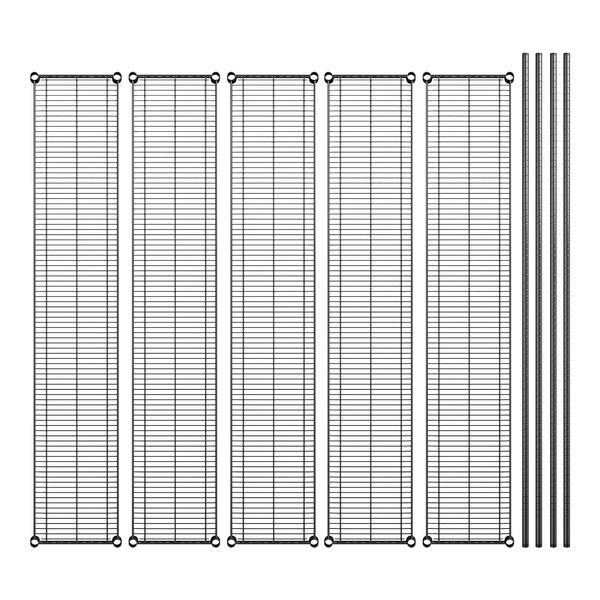 A row of black metal wire shelves with black posts.