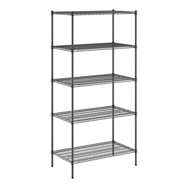 A black wire shelving unit with four shelves.