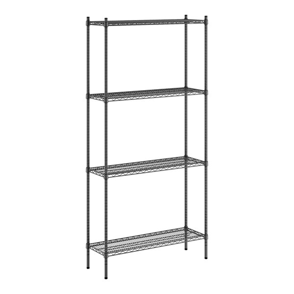 A black wire shelving unit with four shelves.