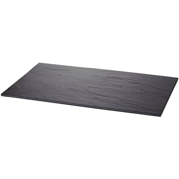 A black rectangular Tablecraft melamine display tray.