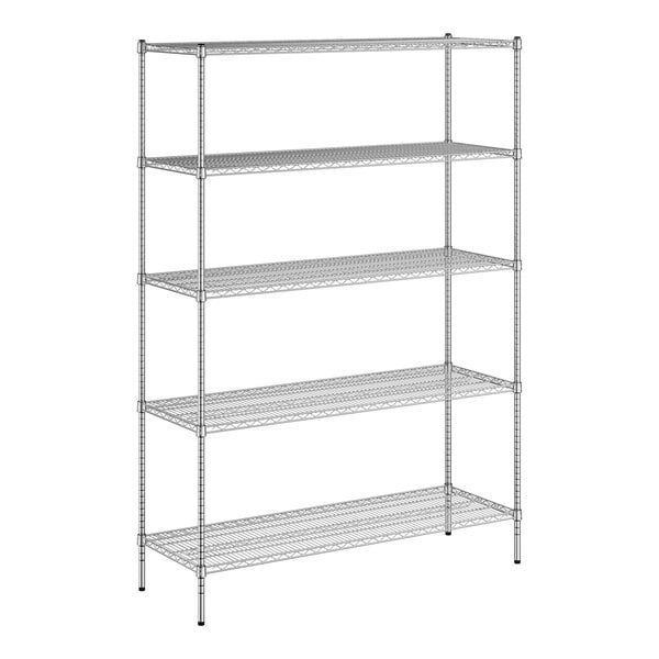 A wireframe of a Regency chrome wire shelving unit with five shelves.