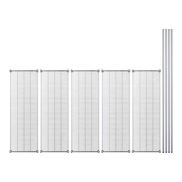 A row of metal wire shelves with black poles and grid shelves.