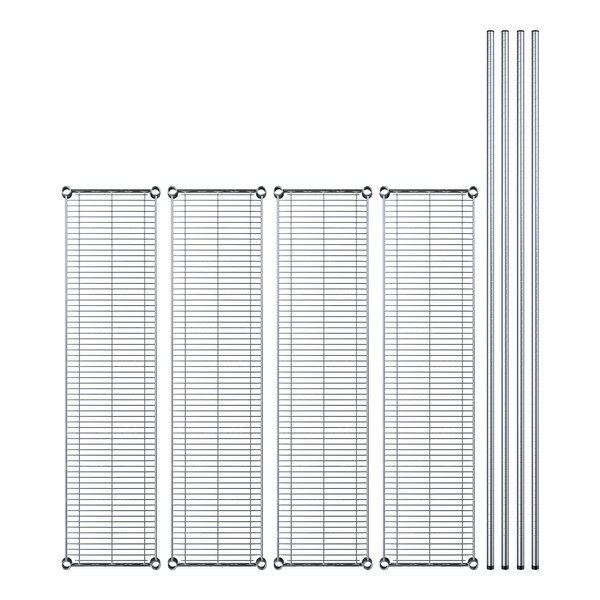 A Regency chrome wire shelving kit with four shelves and metal rods.