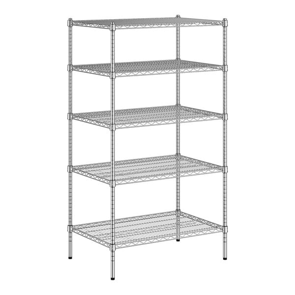 A wireframe of a Regency chrome wire shelving unit with four shelves.