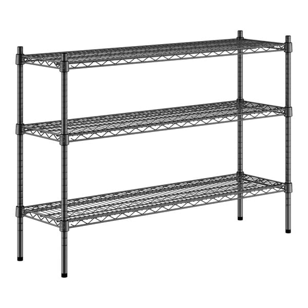 A black metal wire shelving kit with three shelves.