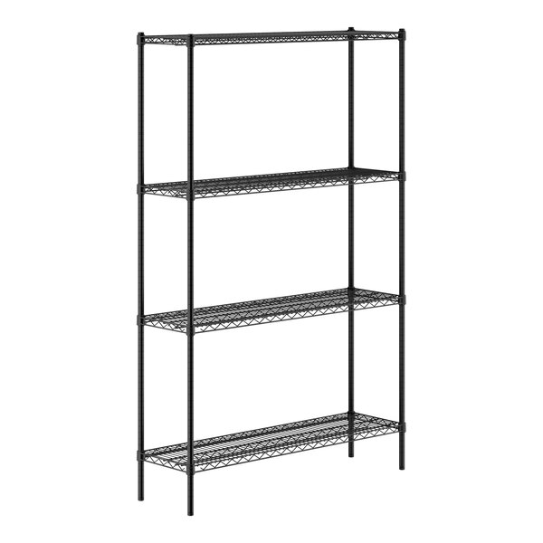 A black metal shelving unit with four wire shelves and four vertical posts.