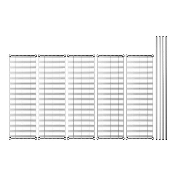 A row of metal shelves with wire grid panels.