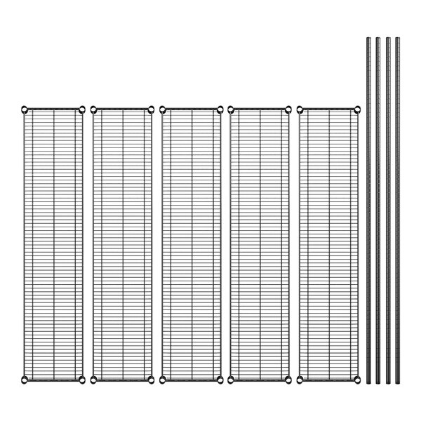 A black wire shelving unit with 5 shelves and 4 black metal posts.