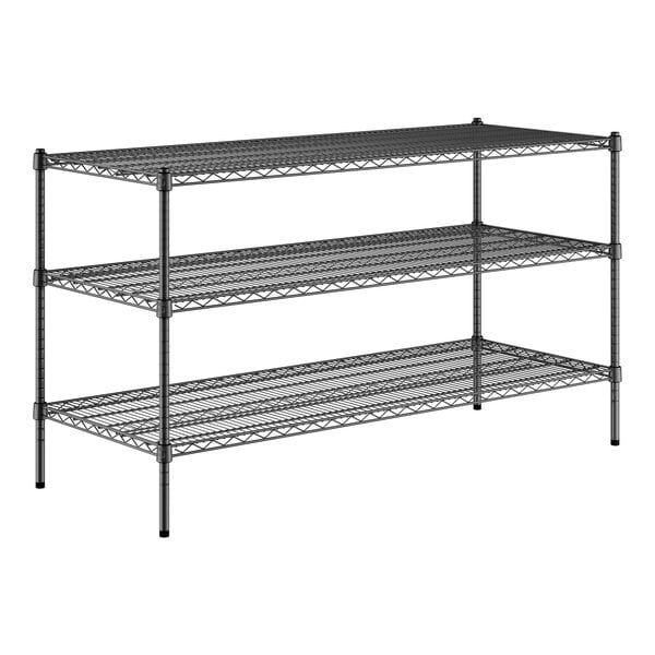 A black metal Regency wire shelving kit with three shelves.