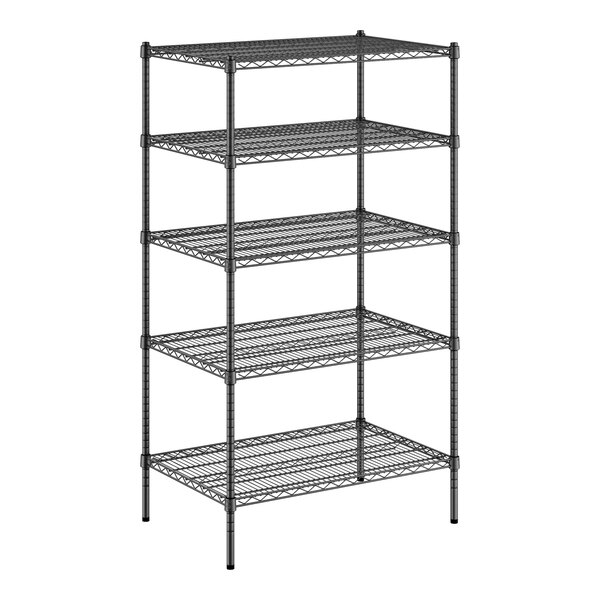 A black wire shelving unit with five shelves by Regency.