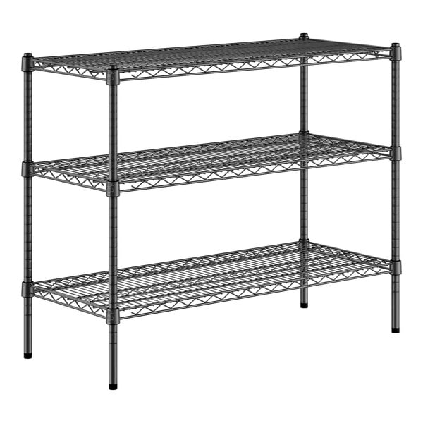 A black metal Regency wire shelving kit with three shelves.