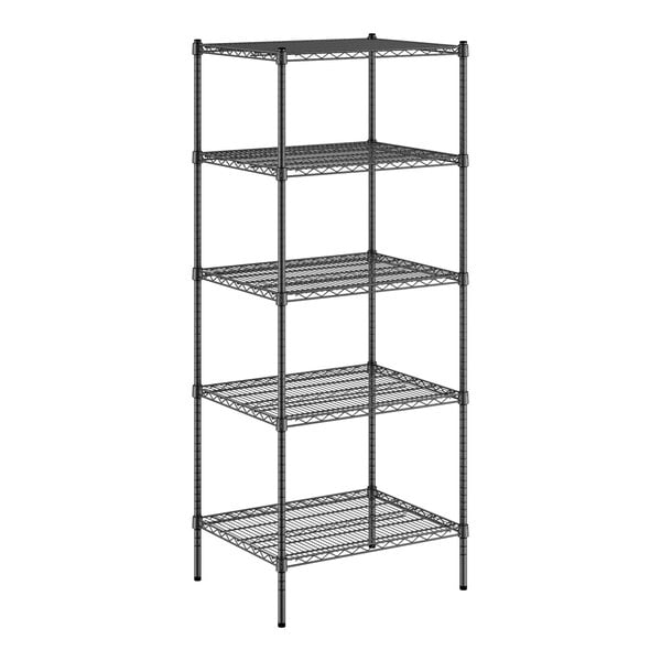 A Regency black wire shelving unit with five shelves.