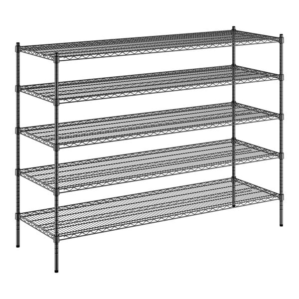 A black wire shelving unit with five shelves.