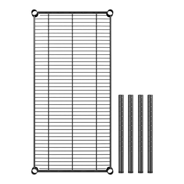 A black metal shelf with black metal rods.