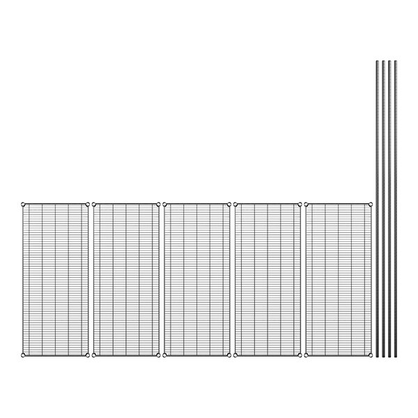 A row of black metal Regency wire shelves with black metal rods.