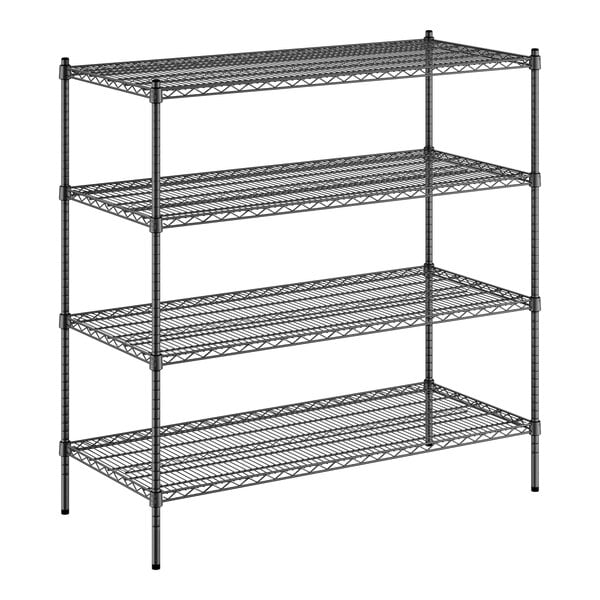 A black metal wire shelving unit with four shelves.