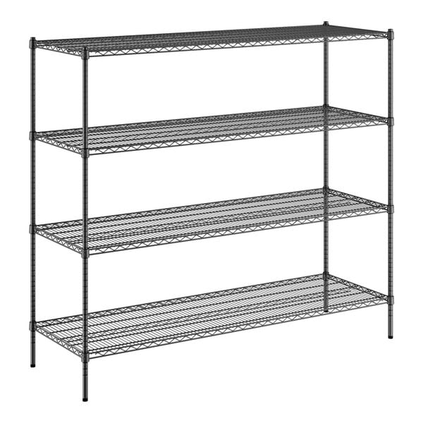 A black wire shelving unit with four shelves.