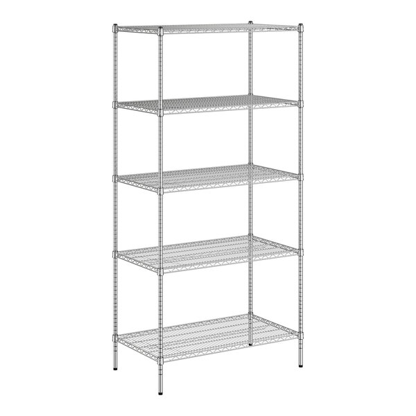 A wireframe of a Regency chrome wire shelving unit with four shelves.