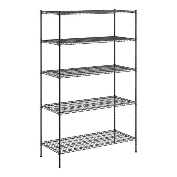 A black wire Regency shelving unit with five shelves.