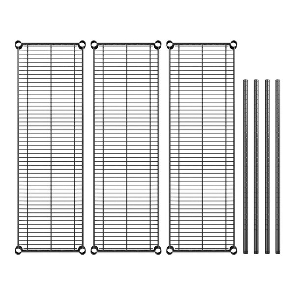 A group of black wire racks with metal shelves and metal rods.