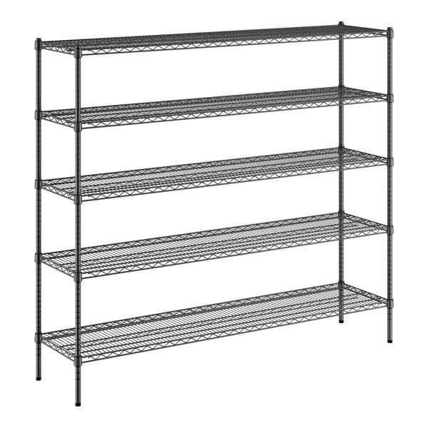 A Regency black wire shelving unit with five shelves.