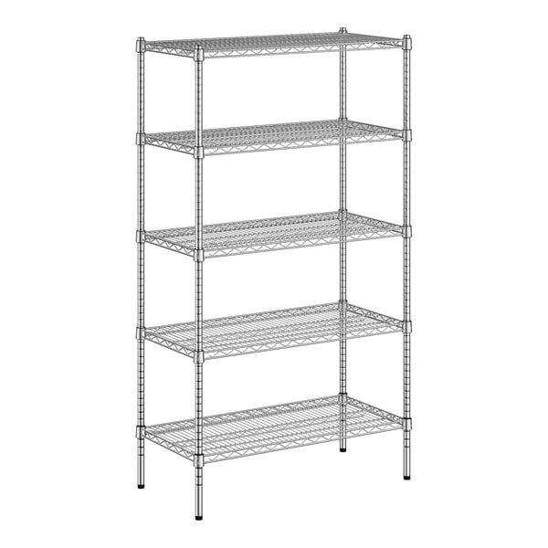 A wireframe of a Regency metal shelving unit with four shelves.