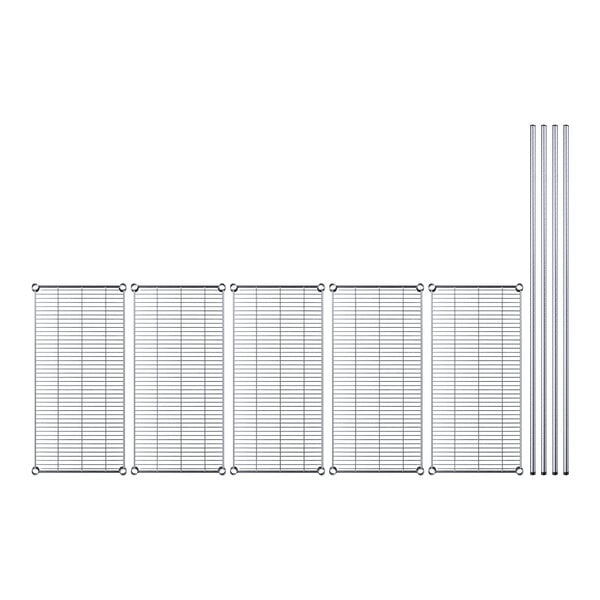 A row of metal wire shelves with metal grids.