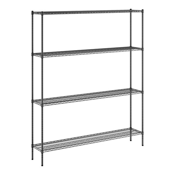 A black metal Regency wire shelving unit with four shelves.