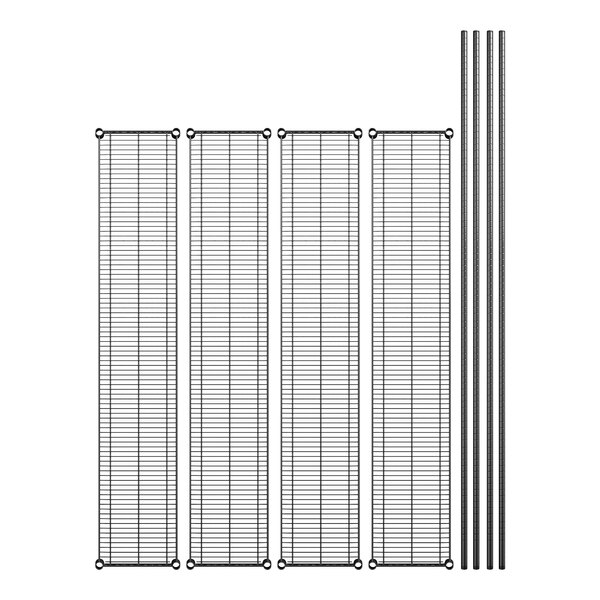 A wire rack with four black rectangular shelves and metal rods.