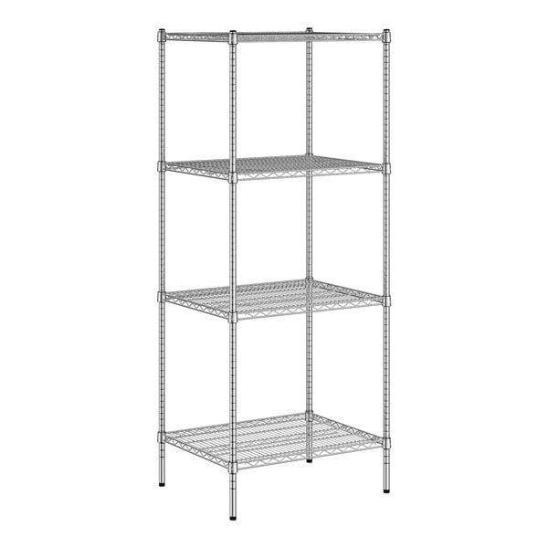 A wireframe of a Regency metal shelving unit with four shelves.