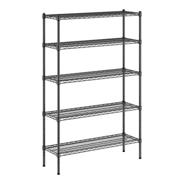 A black wire shelving unit with five shelves.