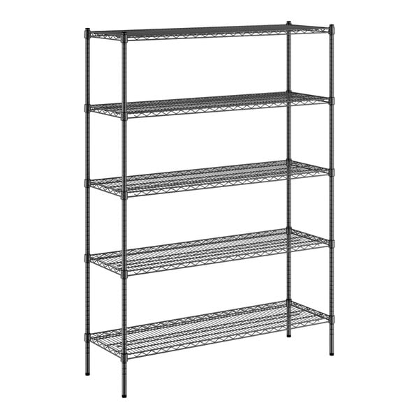 A black wire shelving unit with five shelves.