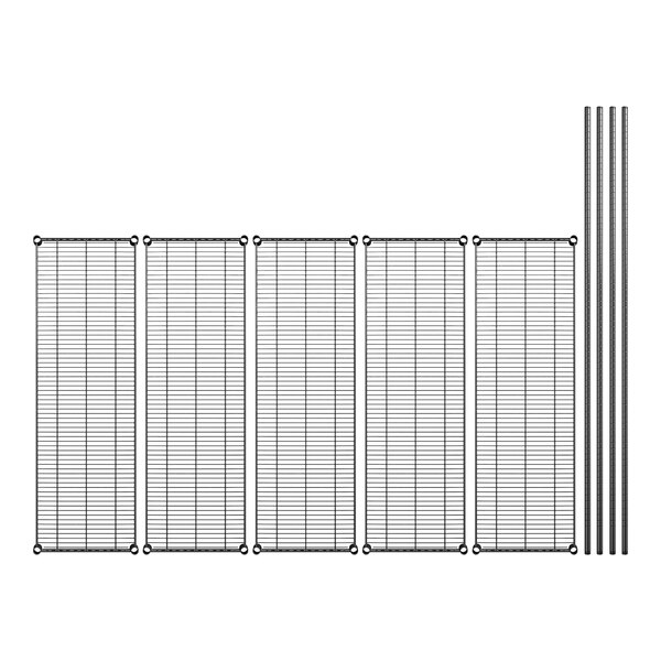 A row of Regency black metal wire shelves with black poles on a white background.